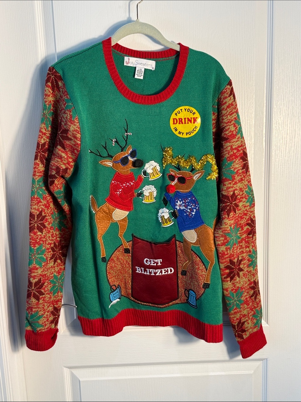 Novelty 'Get Blitzed' Christmas Reindeer Ugly Sweater Drink Pouch NWOT Sz L